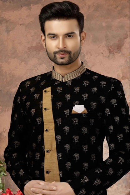 Black and Beige Colour Jacquard Digital Print Sherwani SH1040334 A