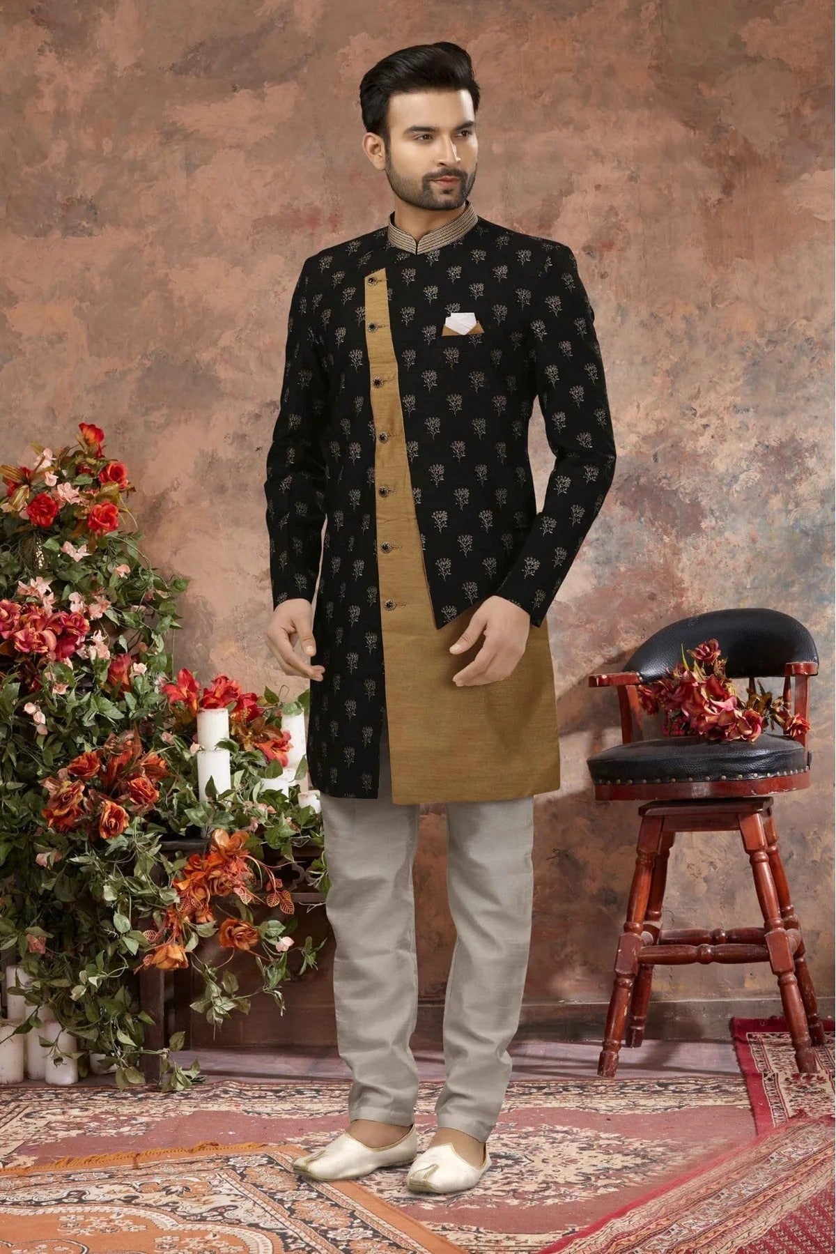 Black and Beige Colour Jacquard Digital Print Sherwani SH1040334