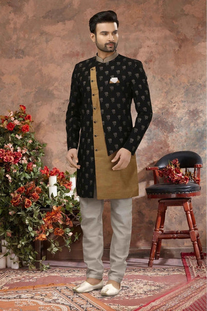 Black and Beige Colour Jacquard Digital Print Sherwani SH1040334