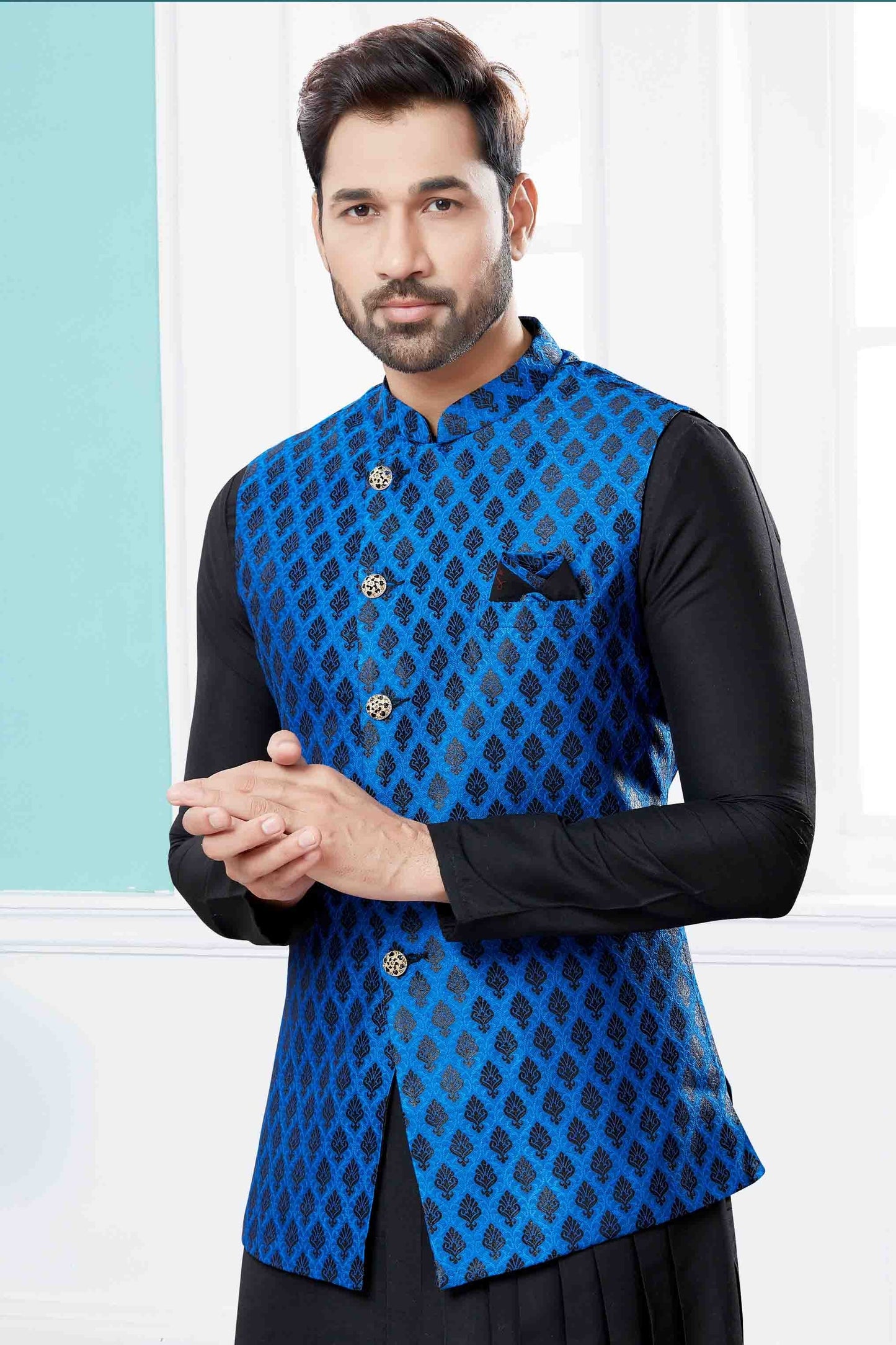 Black and Blue Colour Indo Western In Silk Dupion Fabric SH1040468 A