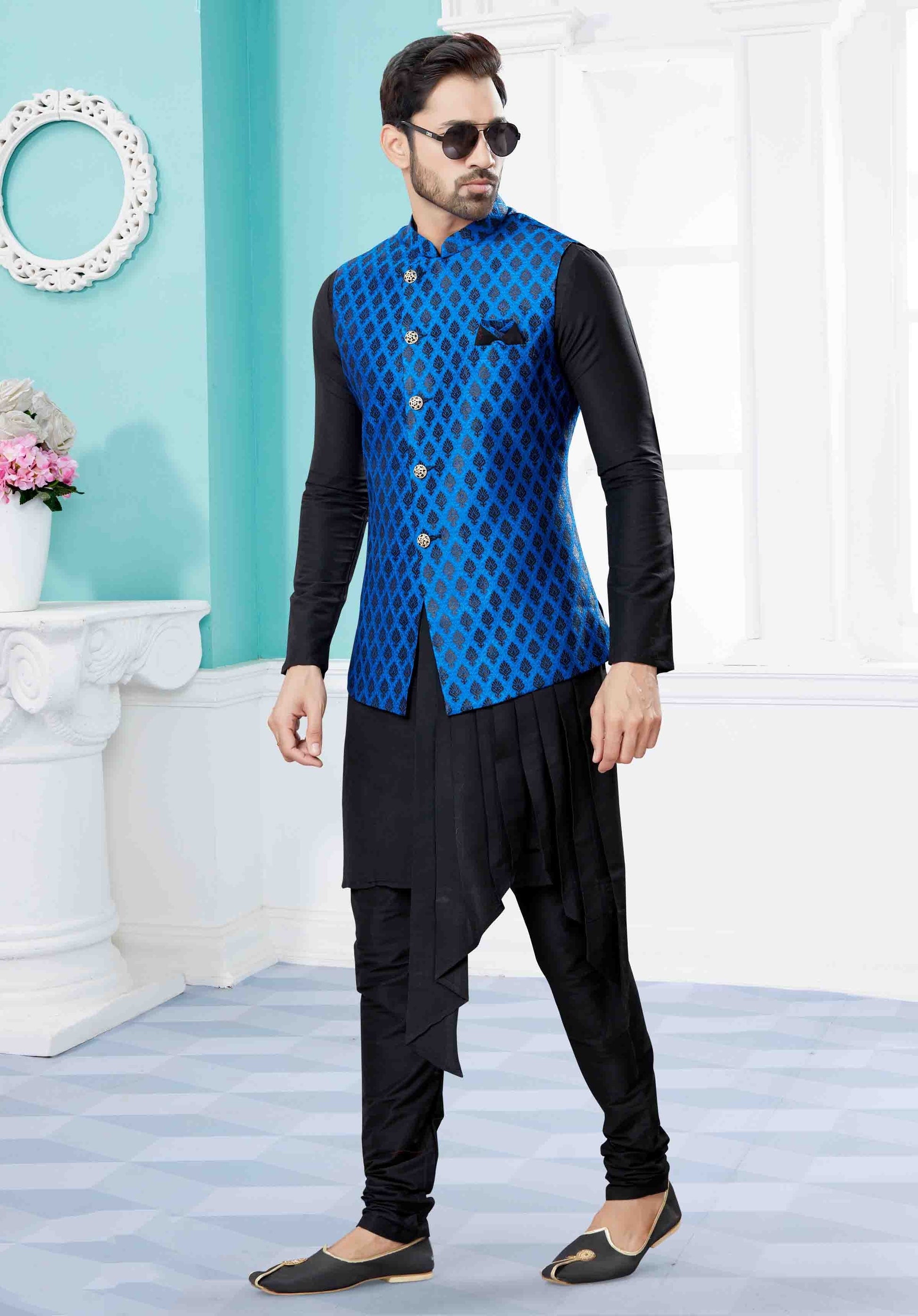 Black and Blue Colour Indo Western In Silk Dupion Fabric SH1040468