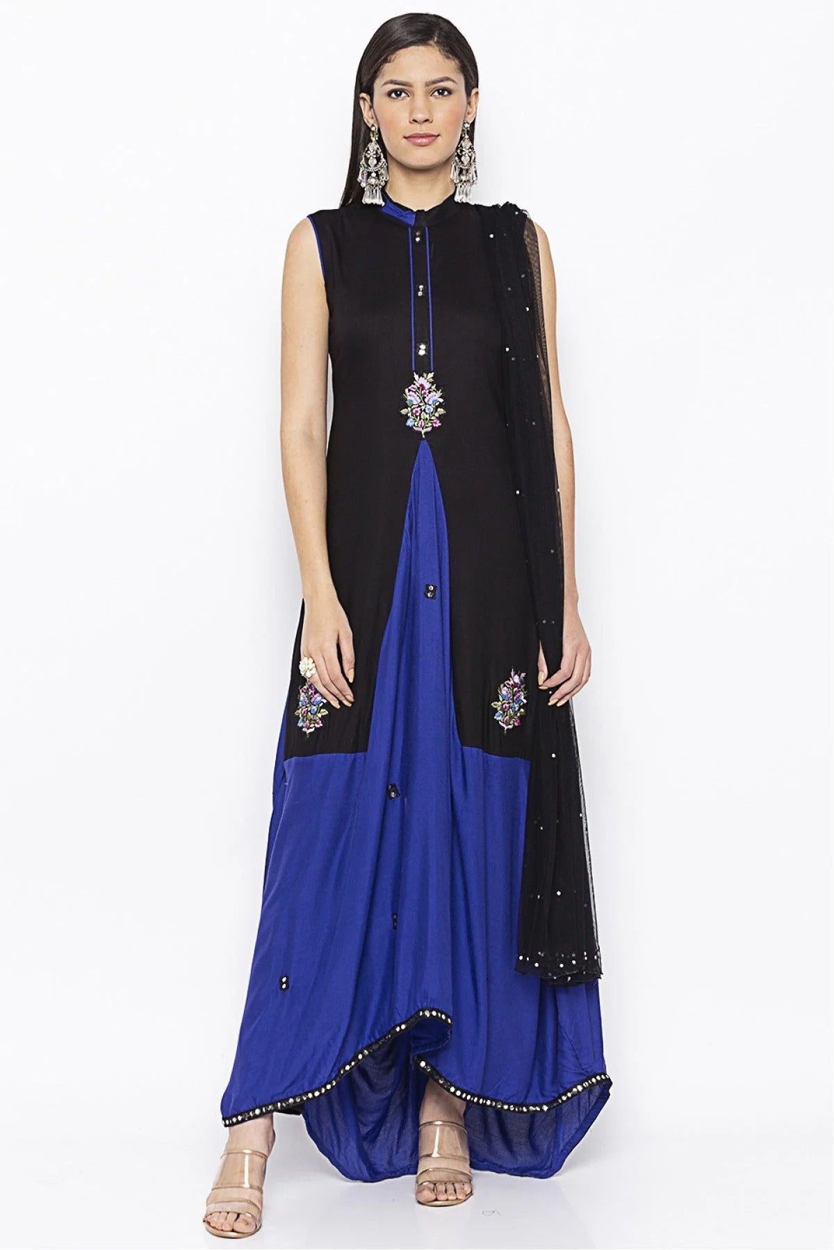 Black and Blue Colour Plus Size Stitched Cotton Embroidery Pant Style Suit BW1070296