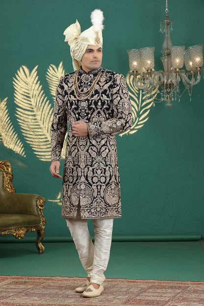 Black and Gold Colour Art Silk Embroidery Sherwani
