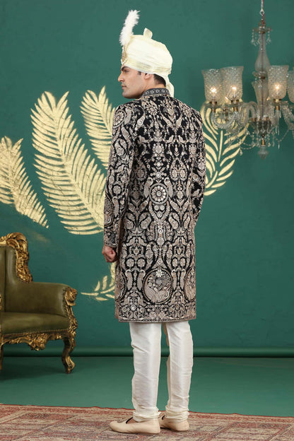 Black and Gold Colour Art Silk Embroidery Sherwani