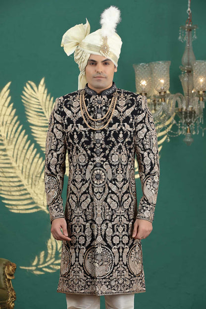 Black and Gold Colour Art Silk Embroidery Sherwani