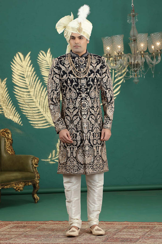 Black and Gold Colour Art Silk Embroidery Sherwani