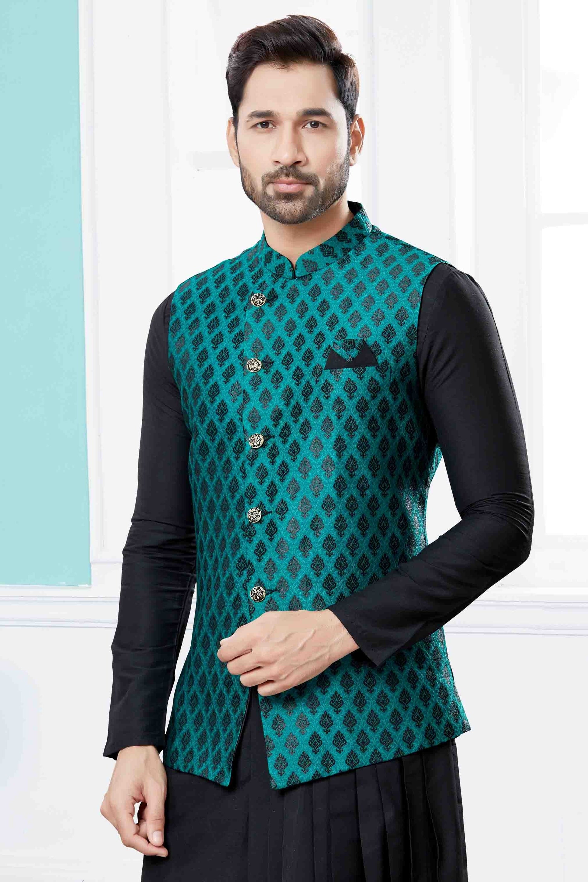 Black and Green Colour Indo Western In Silk Dupion Fabric SH1040470 A