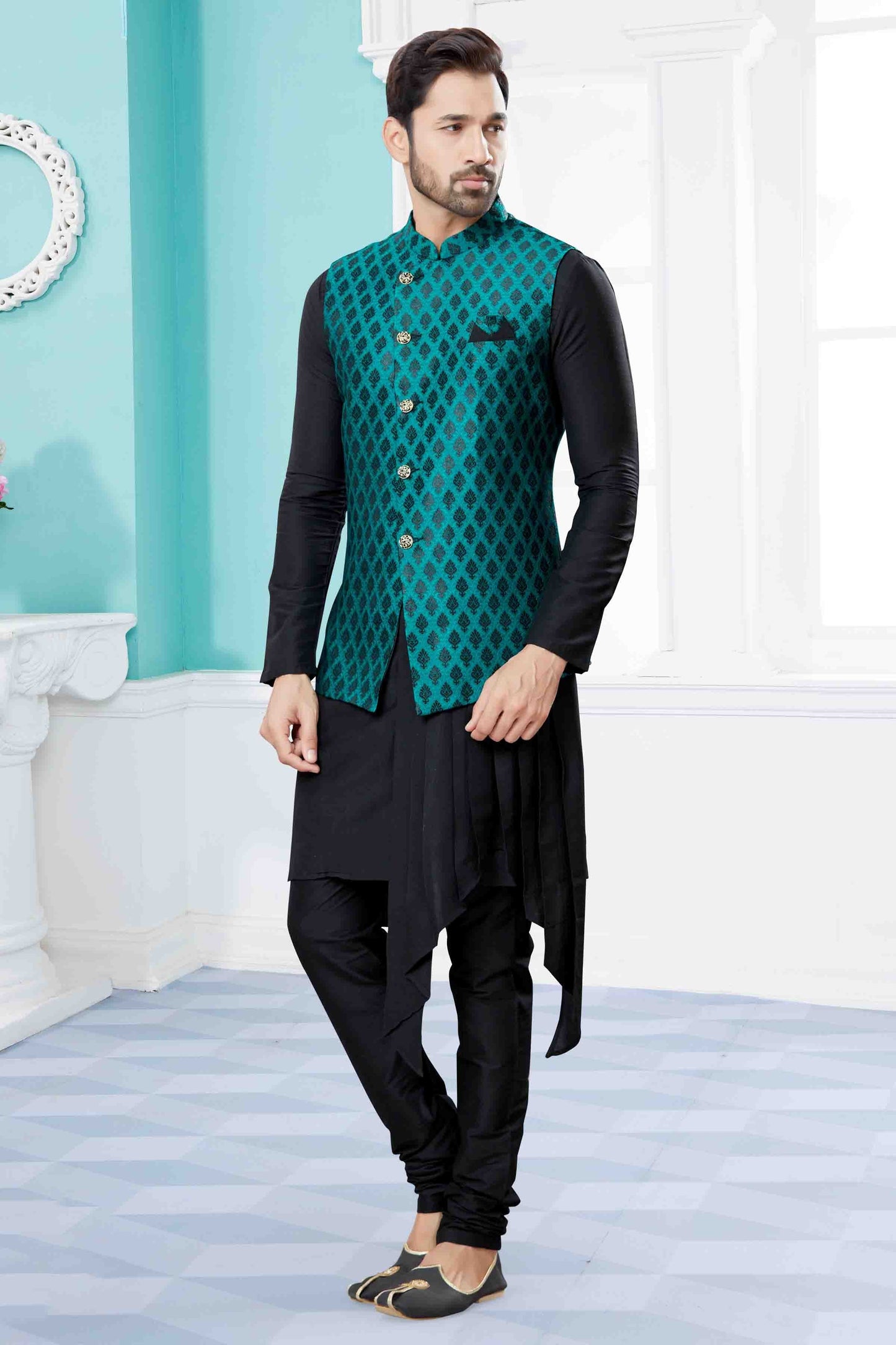Black and Green Colour Indo Western In Silk Dupion Fabric SH1040470