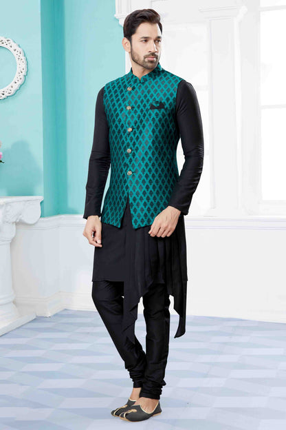 Black and Green Colour Indo Western In Silk Dupion Fabric SH1040470