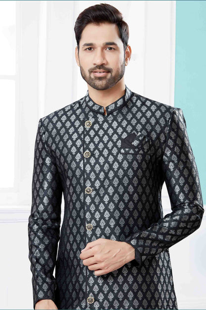 Black and Grey Colour Indo Western In Banarasi Jacquard Fabric SH1040438 A