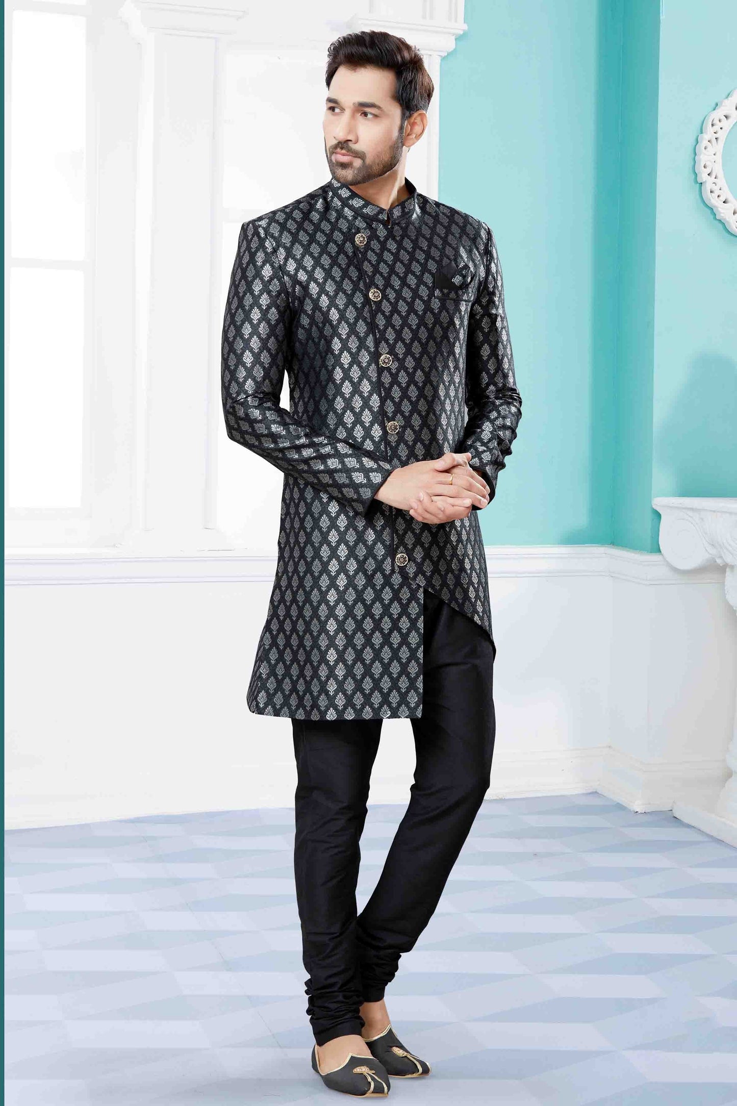Black and Grey Colour Indo Western In Banarasi Jacquard Fabric SH1040438