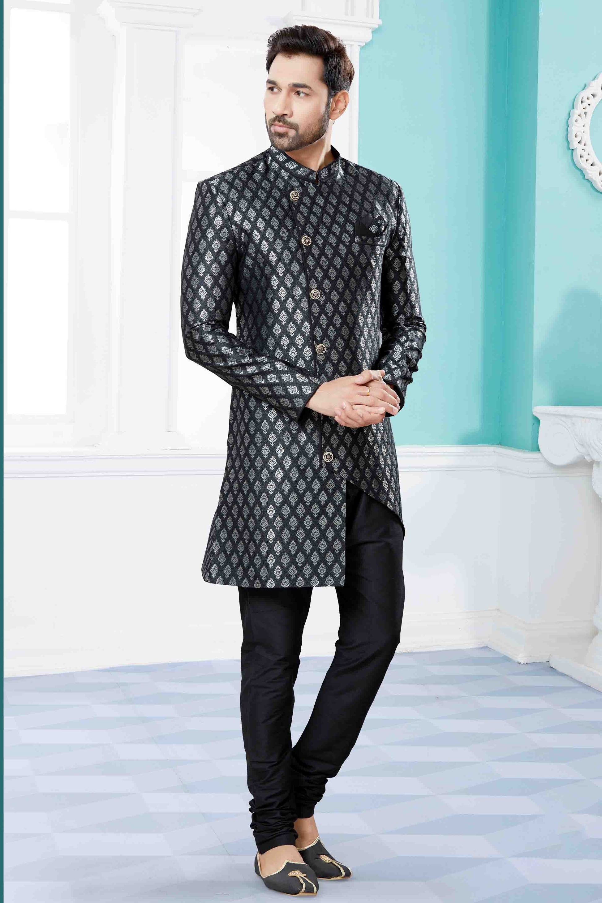 Black and Grey Colour Indo Western In Banarasi Jacquard Fabric SH1040438