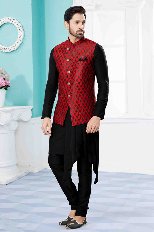 Black and Maroon Colour Indo Western In Silk Dupion Fabric SH1040474