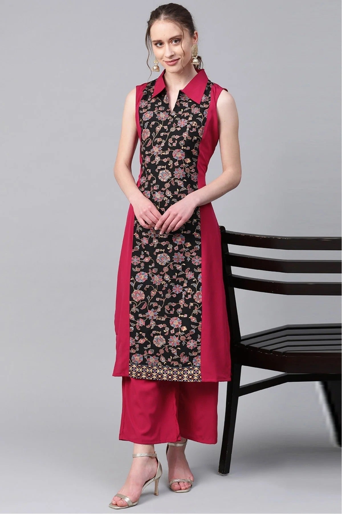 Black and Pink Colour Plus Size Crepe Straight Kurta Palazzo Set KR1060011 A