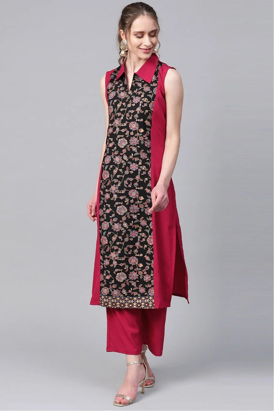 Black and Pink Colour Plus Size Crepe Straight Kurta Palazzo Set KR1060011