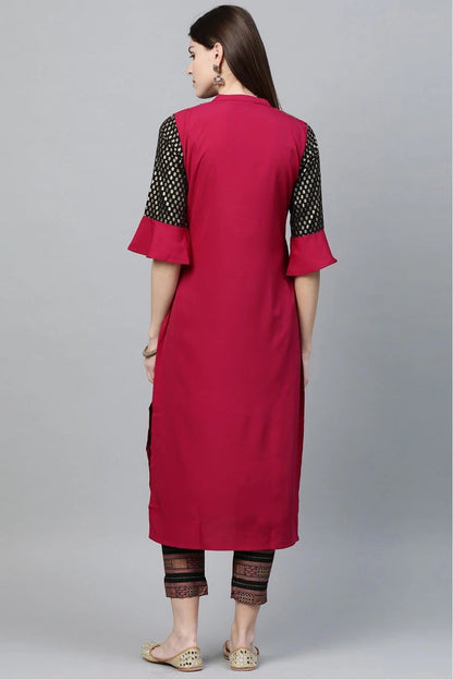 Black and Pink Colour Plus Size Crepe Straight Kurta Pant Set KR1060135 B