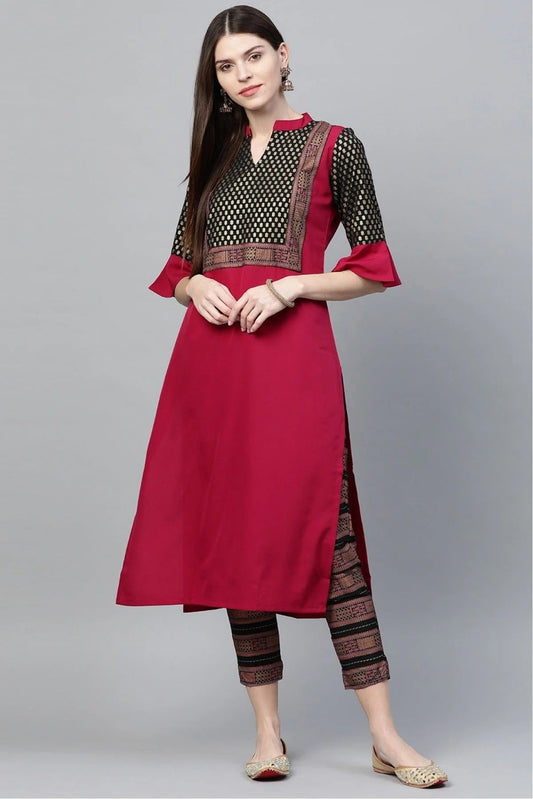 Black and Pink Colour Plus Size Crepe Straight Kurta Pant Set KR1060135