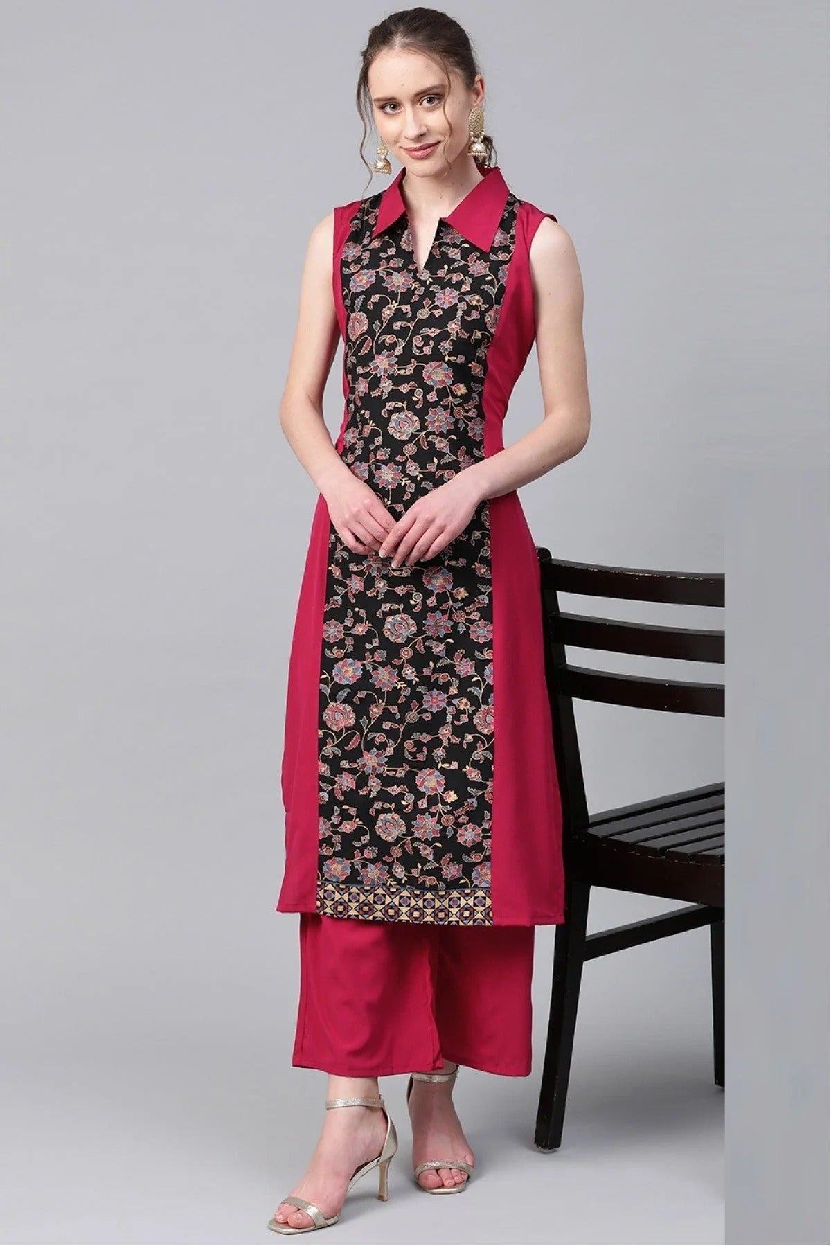 Black and Pink Colour Plus Size Crepe Straight Kurti KR1060214 A