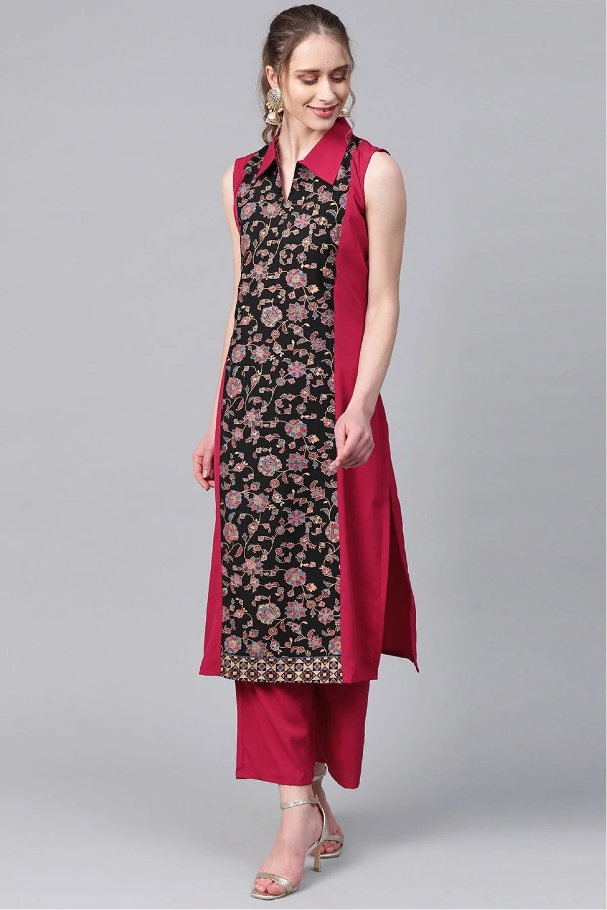 Black and Pink Colour Plus Size Crepe Straight Kurti KR1060214