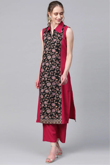 Black and Pink Colour Plus Size Crepe Straight Kurti KR1060214