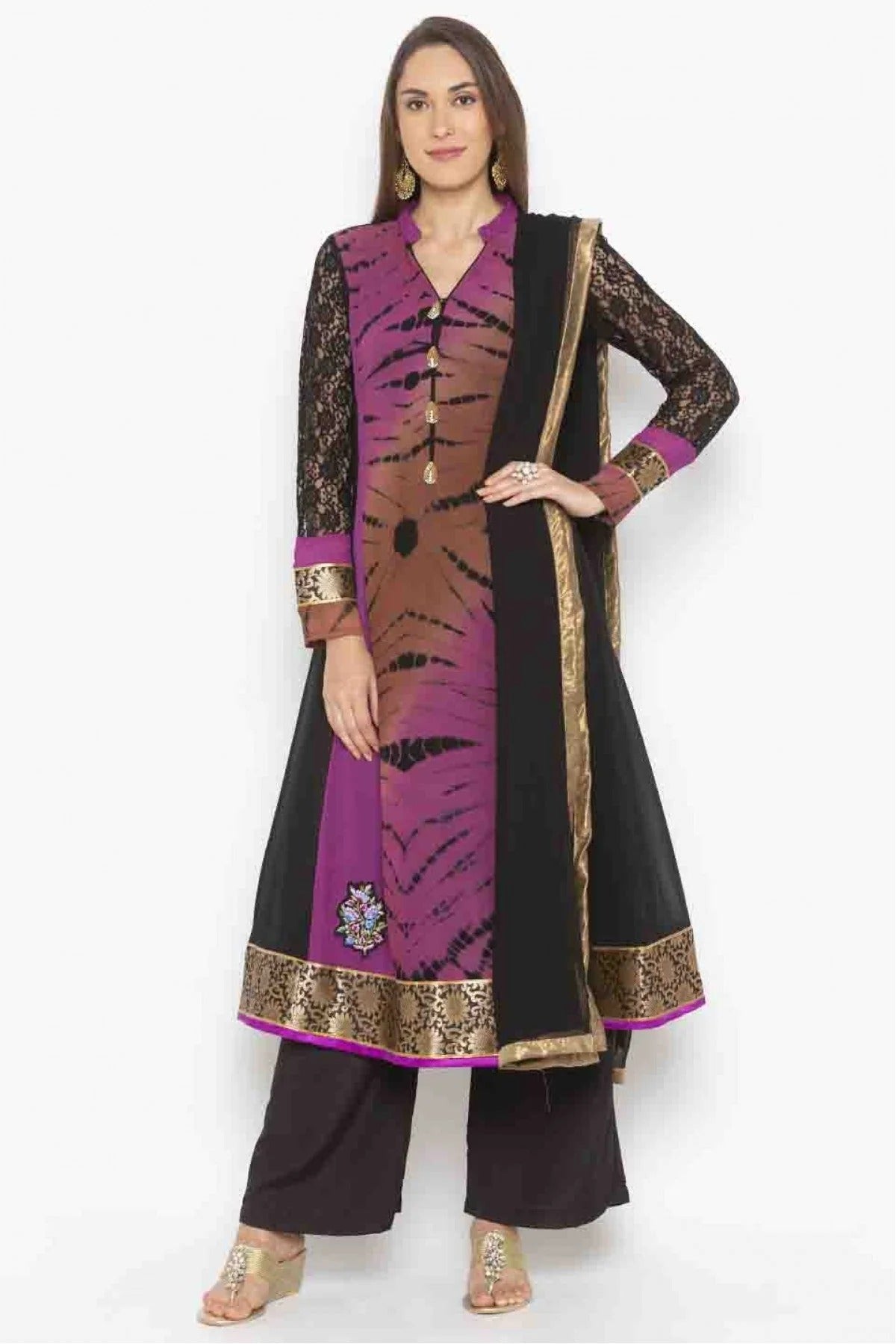 Black and Purple Colour Plus Size Stitched Georgette Embroidery Palazzo Pant Suit BW1070188