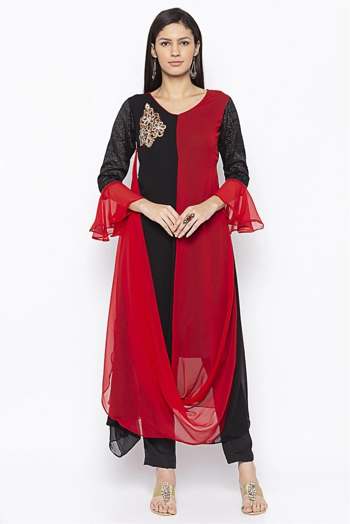 Black and Red Colour Plus Size Georgette Embroidery Kurti KR1070641
