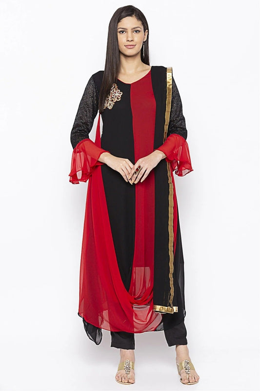 Black and Red Colour Plus Size Georgette Embroidery Pant Style Suit BW1070311