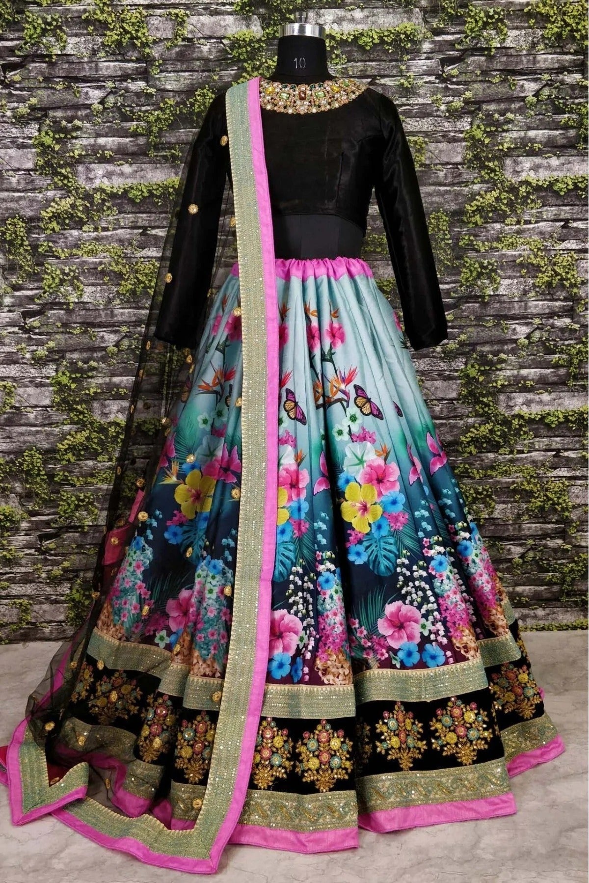 Black and Sky Blue Colour Art Silk Lehenga Choli LC1010005 A