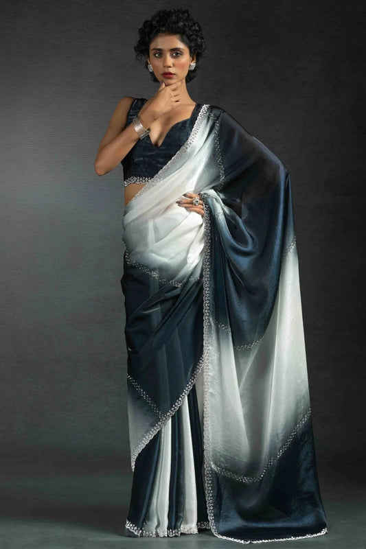 Black and White Colour Fendi Satin Silk Designer Saree SD1122014