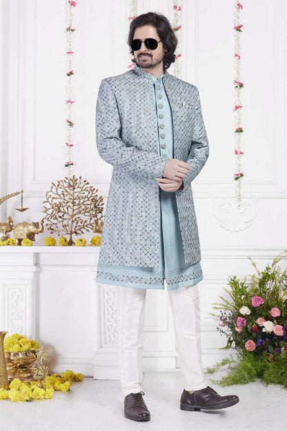Blue Art Silk Embroidery Work 3 Pcs Jacket Set