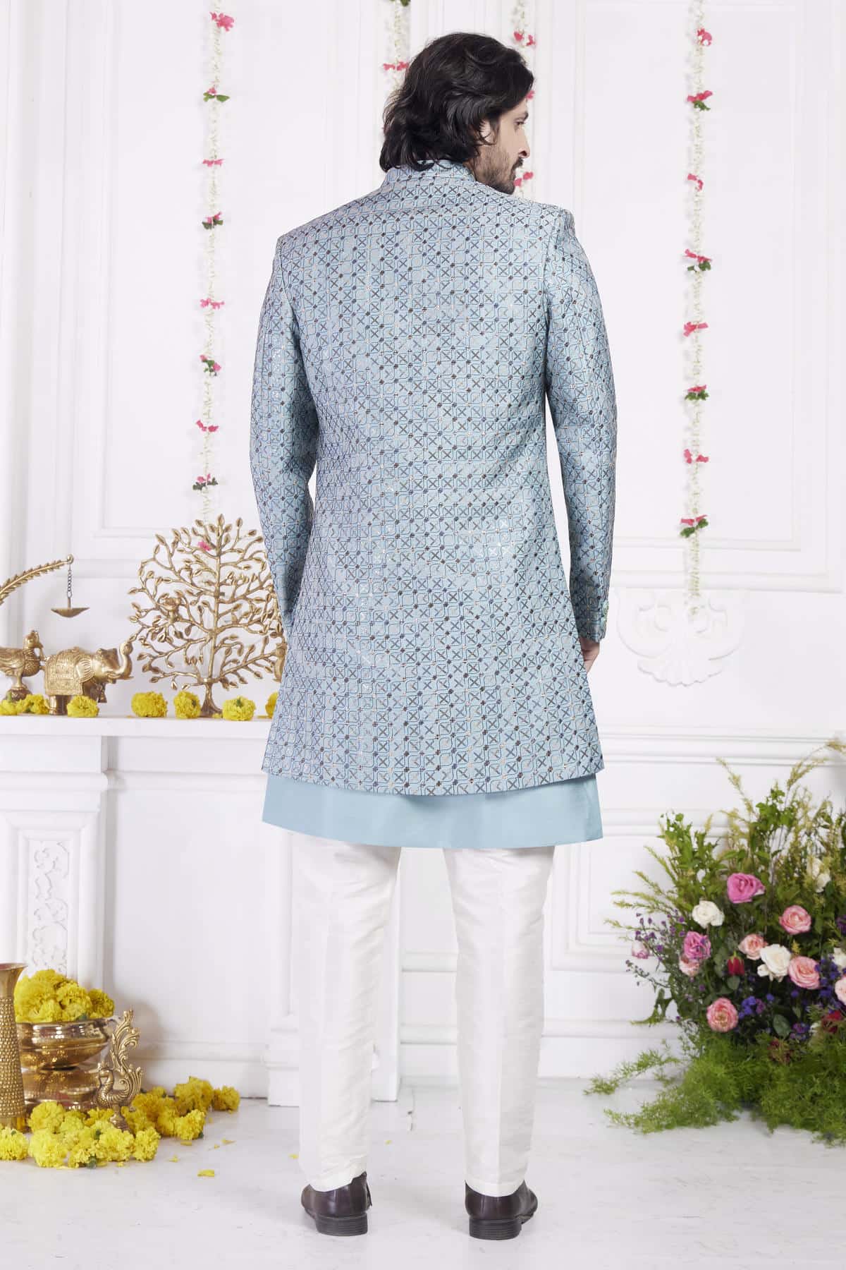 Blue Art Silk Embroidery Work 3 Pcs Jacket Set