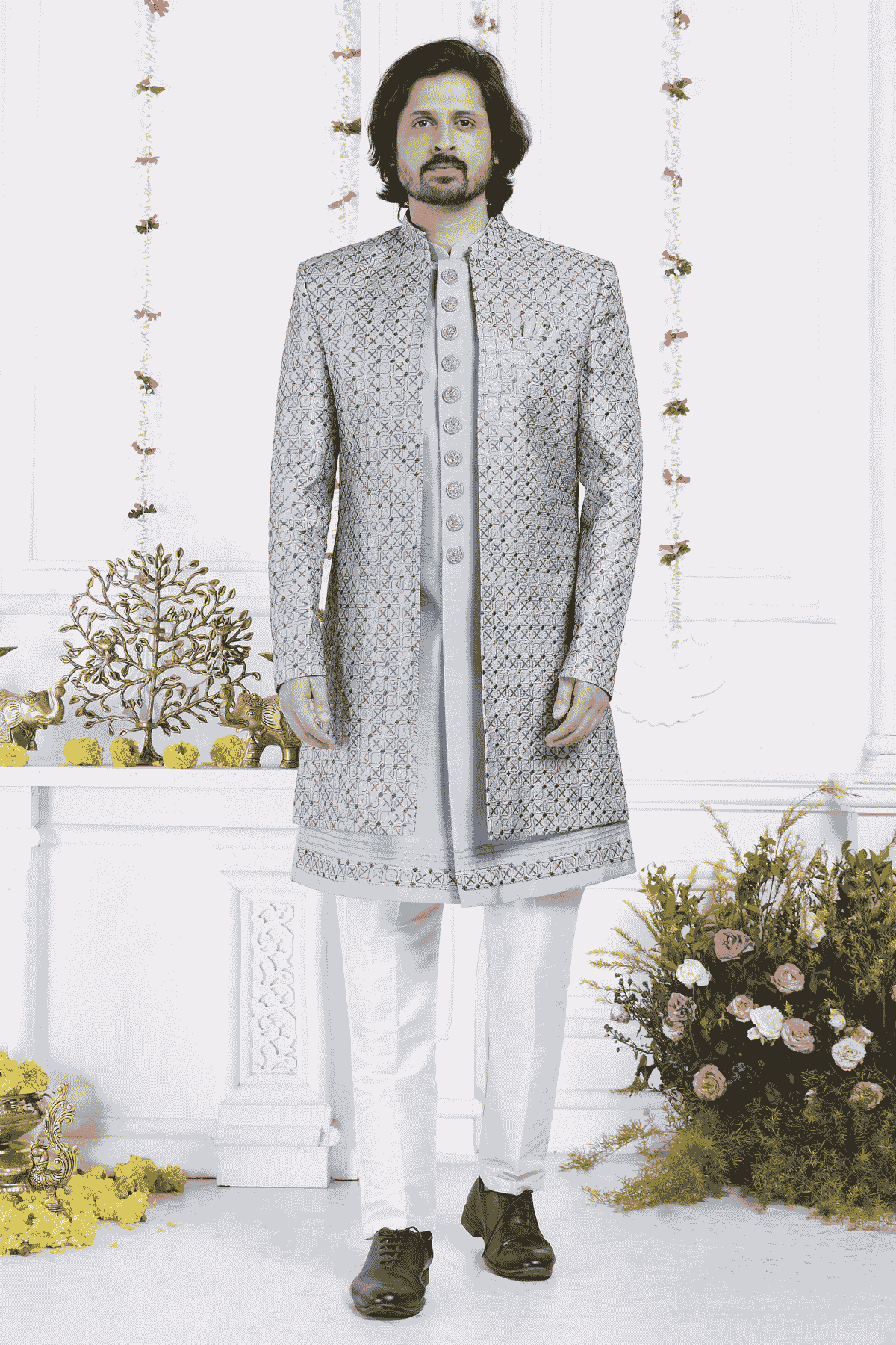 Blue Art Silk Embroidery Work 3 Pcs Jacket Set
