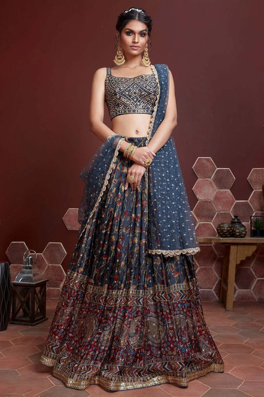 Blue Chinnon Silk Designer Lehenga Choli LC1010157