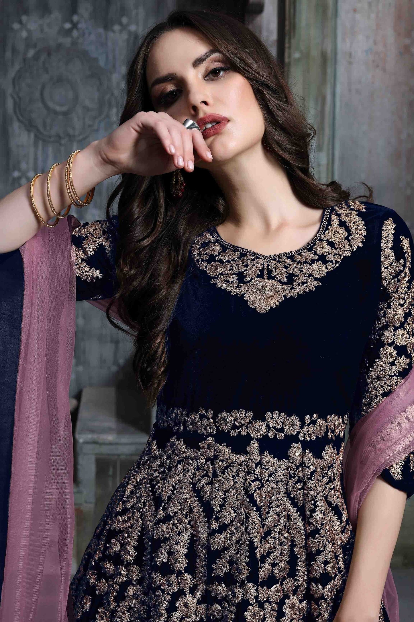Blue Colour 9000 Velvet Semi Stitched Anarkali Suit SM1050271 A