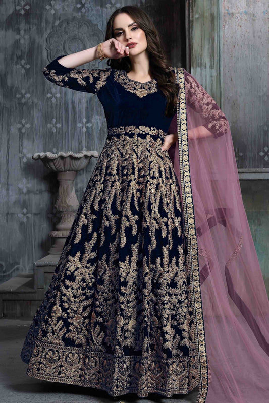 Blue Colour 9000 Velvet Semi Stitched Anarkali Suit SM1050271