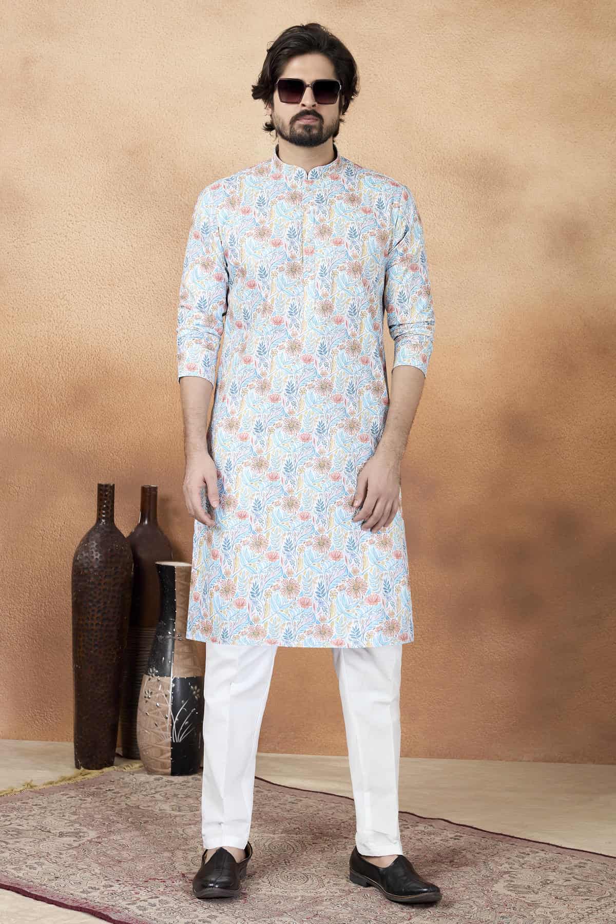 Blue Colour Art Silk Digital Print Work Kurta Pajama