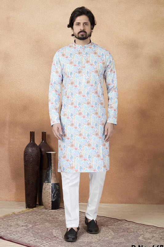 Blue Colour Art Silk Digital Print Work Kurta Pajama