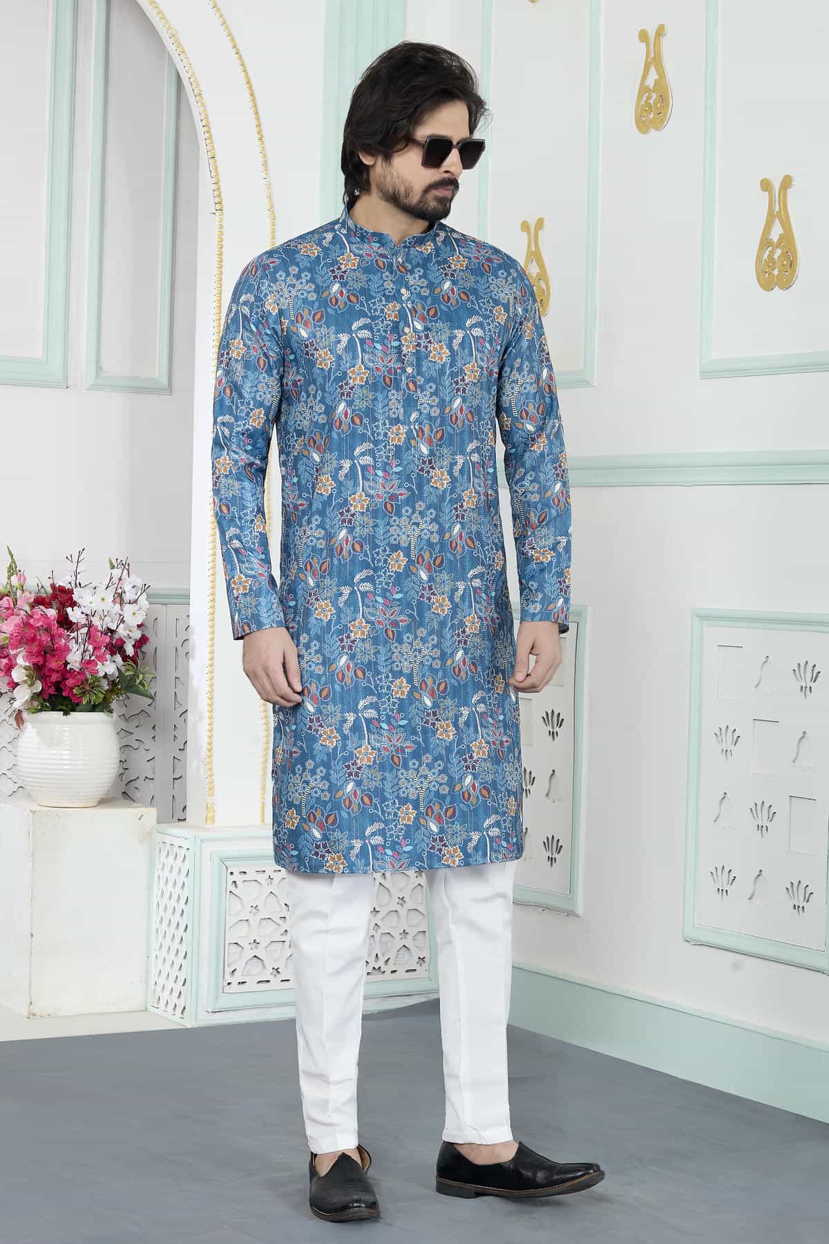 Blue Colour Art Silk Digital Print Work Kurta Pajama