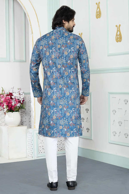 Blue Colour Art Silk Digital Print Work Kurta Pajama