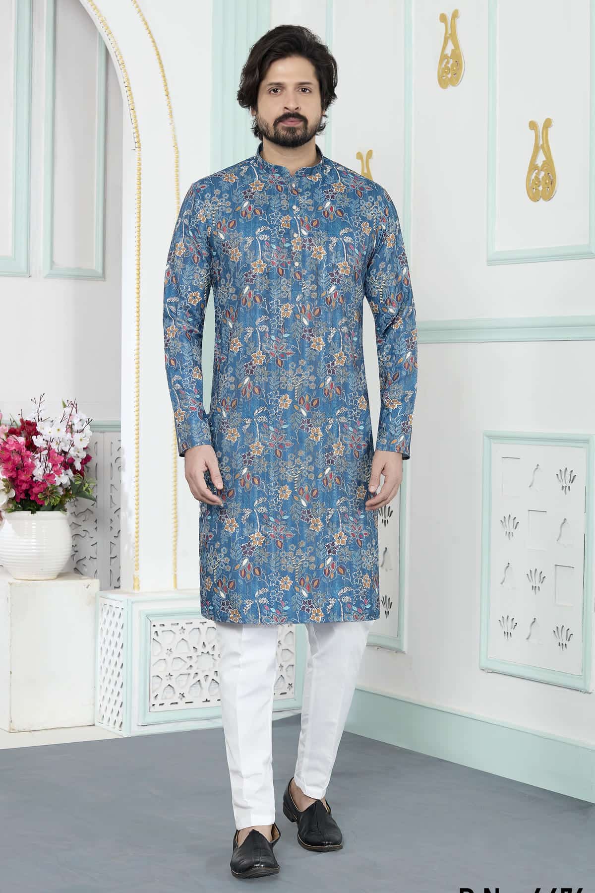 Blue Colour Art Silk Digital Print Work Kurta Pajama