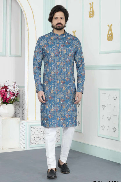 Blue Colour Art Silk Digital Print Work Kurta Pajama