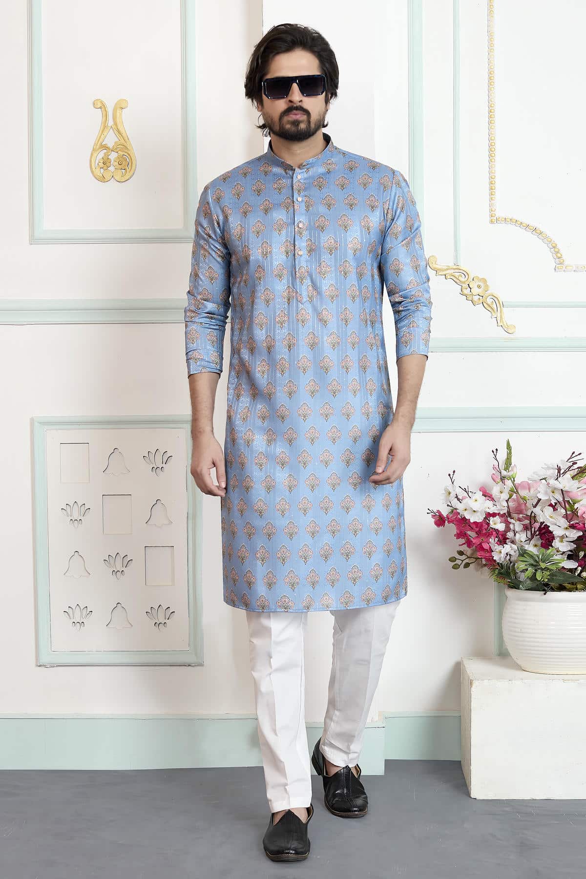 Blue Colour Art Silk Digital Print Work Kurta Pajama