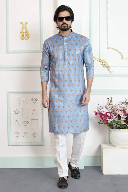 Blue Colour Art Silk Digital Print Work Kurta Pajama
