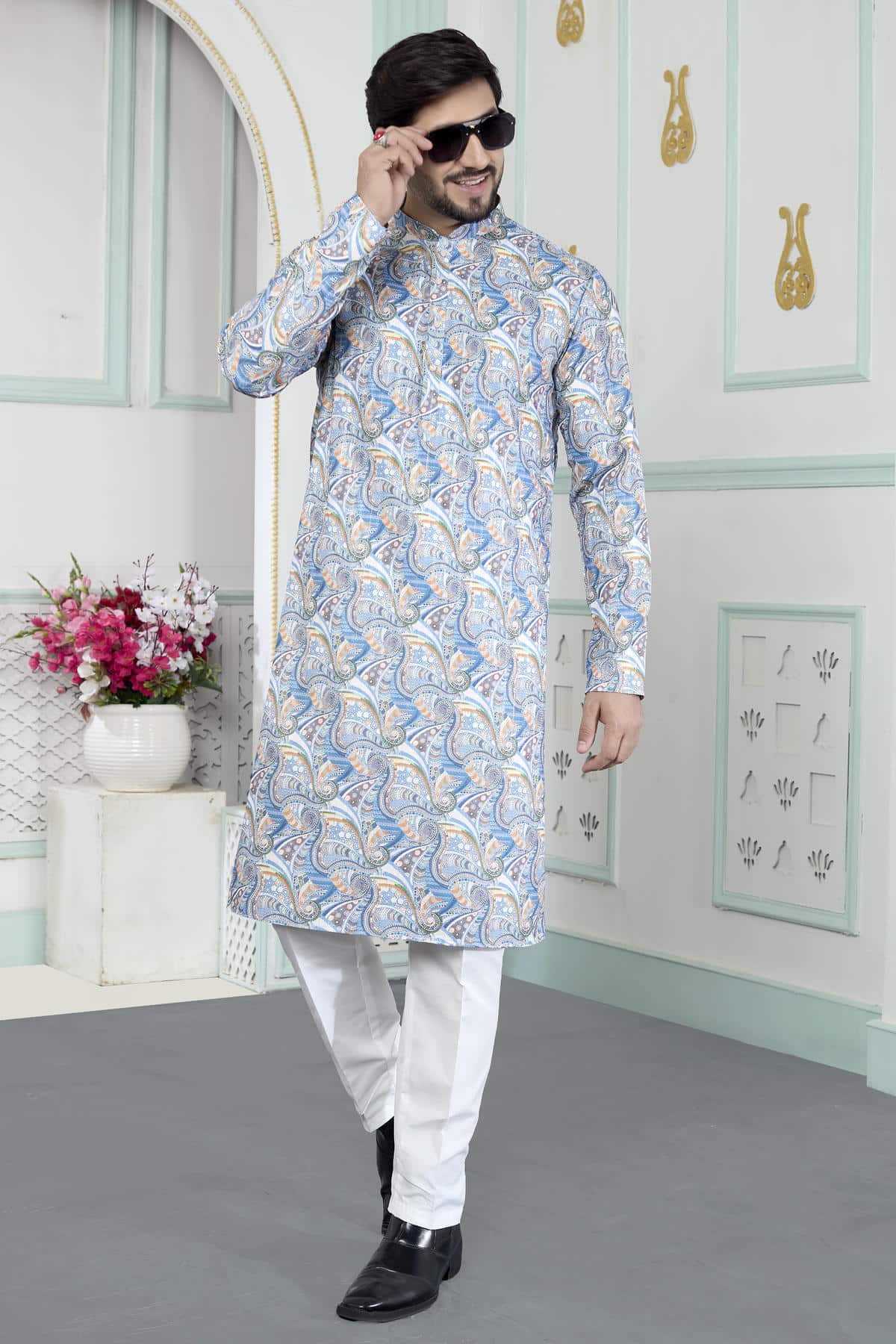Blue Colour Art Silk Digital Print Work Kurta Pajama