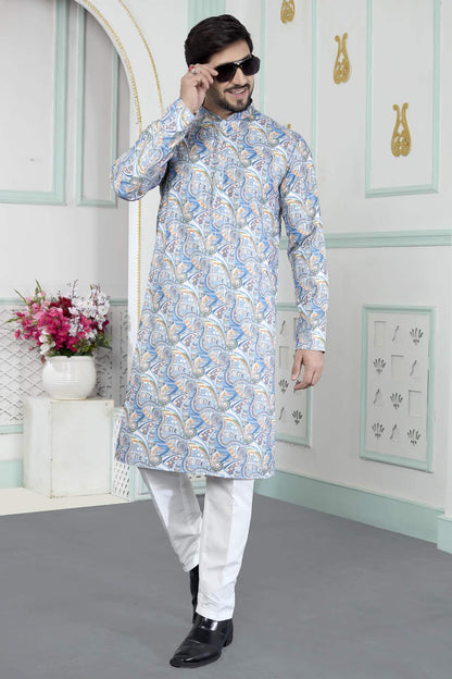 Blue Colour Art Silk Digital Print Work Kurta Pajama