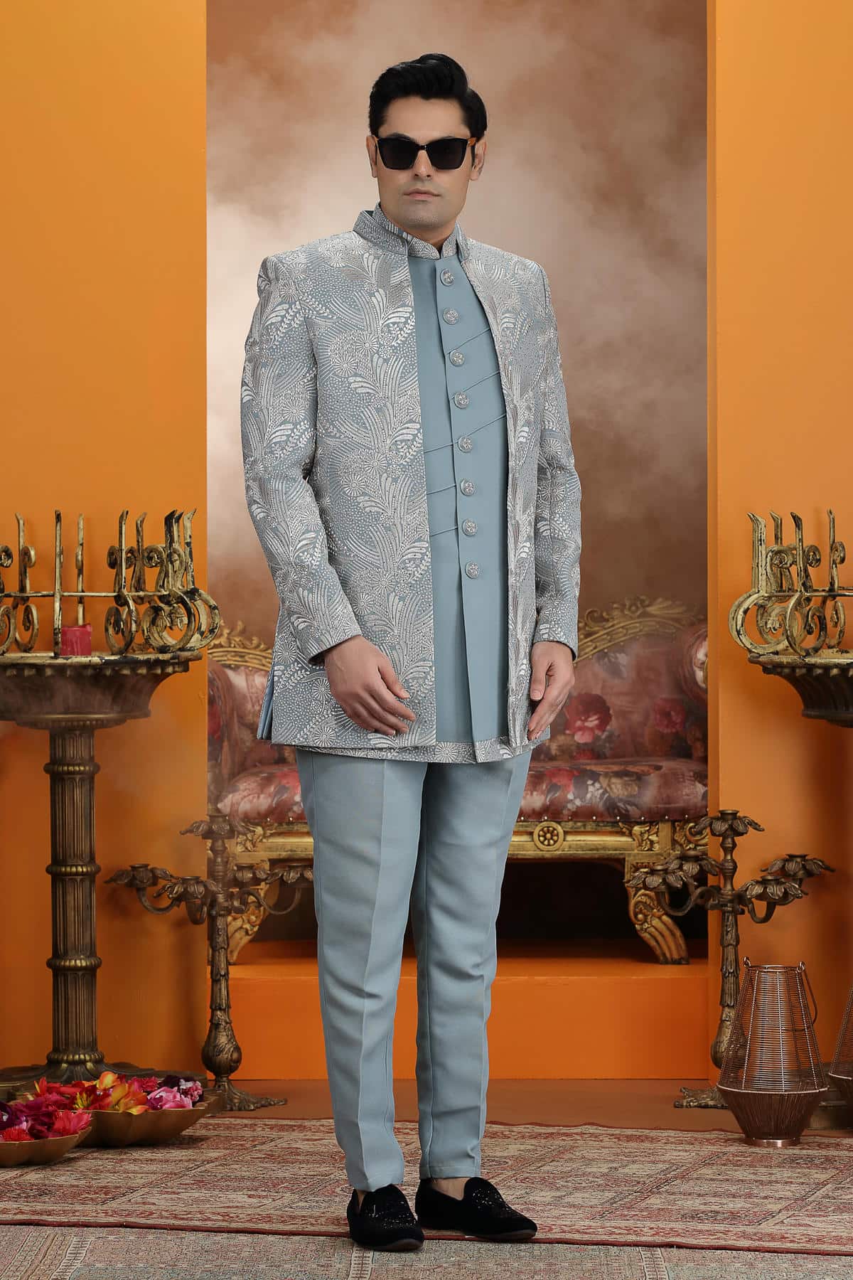 Blue Colour Art Silk Embroidery 3 Pcs Jacket Set