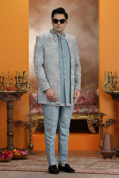 Blue Colour Art Silk Embroidery 3 Pcs Jacket Set