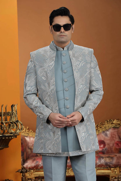 Blue Colour Art Silk Embroidery 3 Pcs Jacket Set