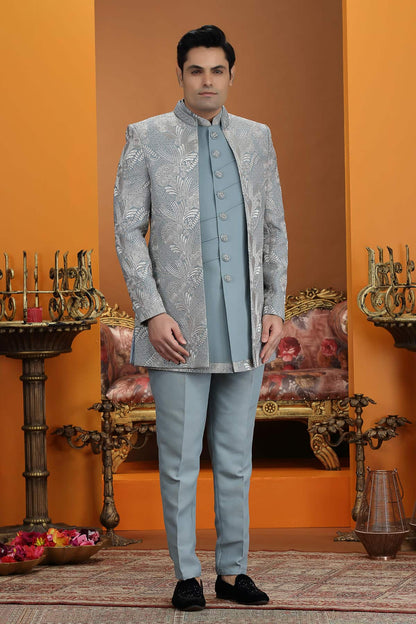 Blue Colour Art Silk Embroidery 3 Pcs Jacket Set