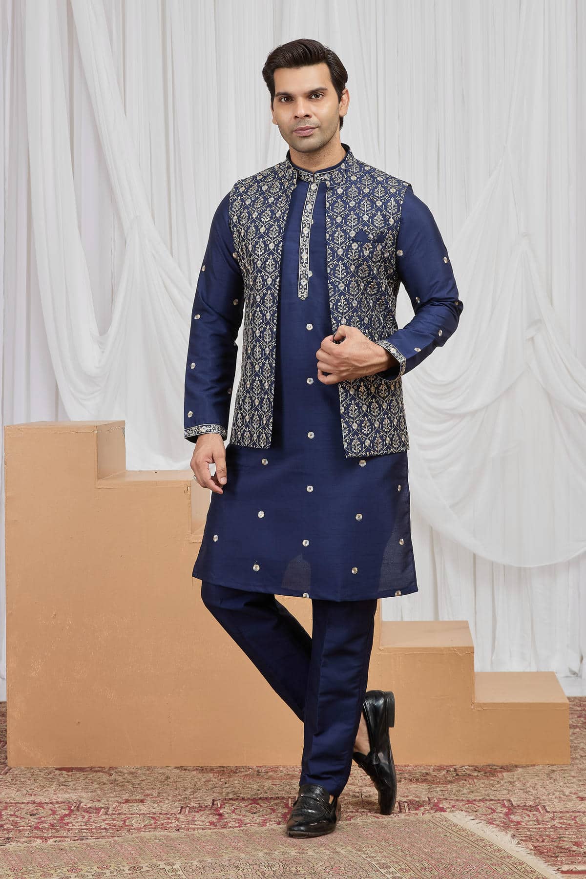 Blue Colour Art Silk Embroidery Work 3 Pcs  Kurta Jacket Set KP1230608